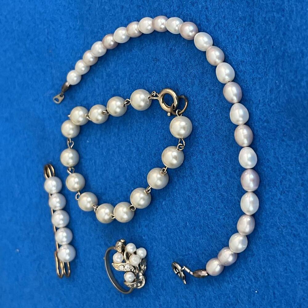 Group of Four Faux Pearl Jewelry Items Bracelets, Pin and Ring